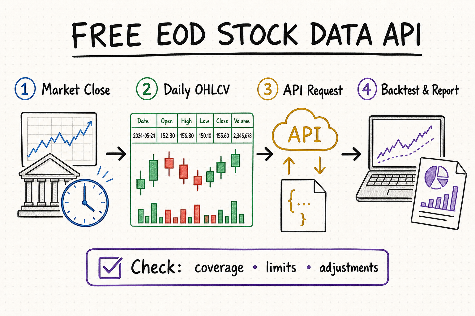 Hand-drawn workflow from market close and daily OHLCV data through an API request to backtesting and reporting