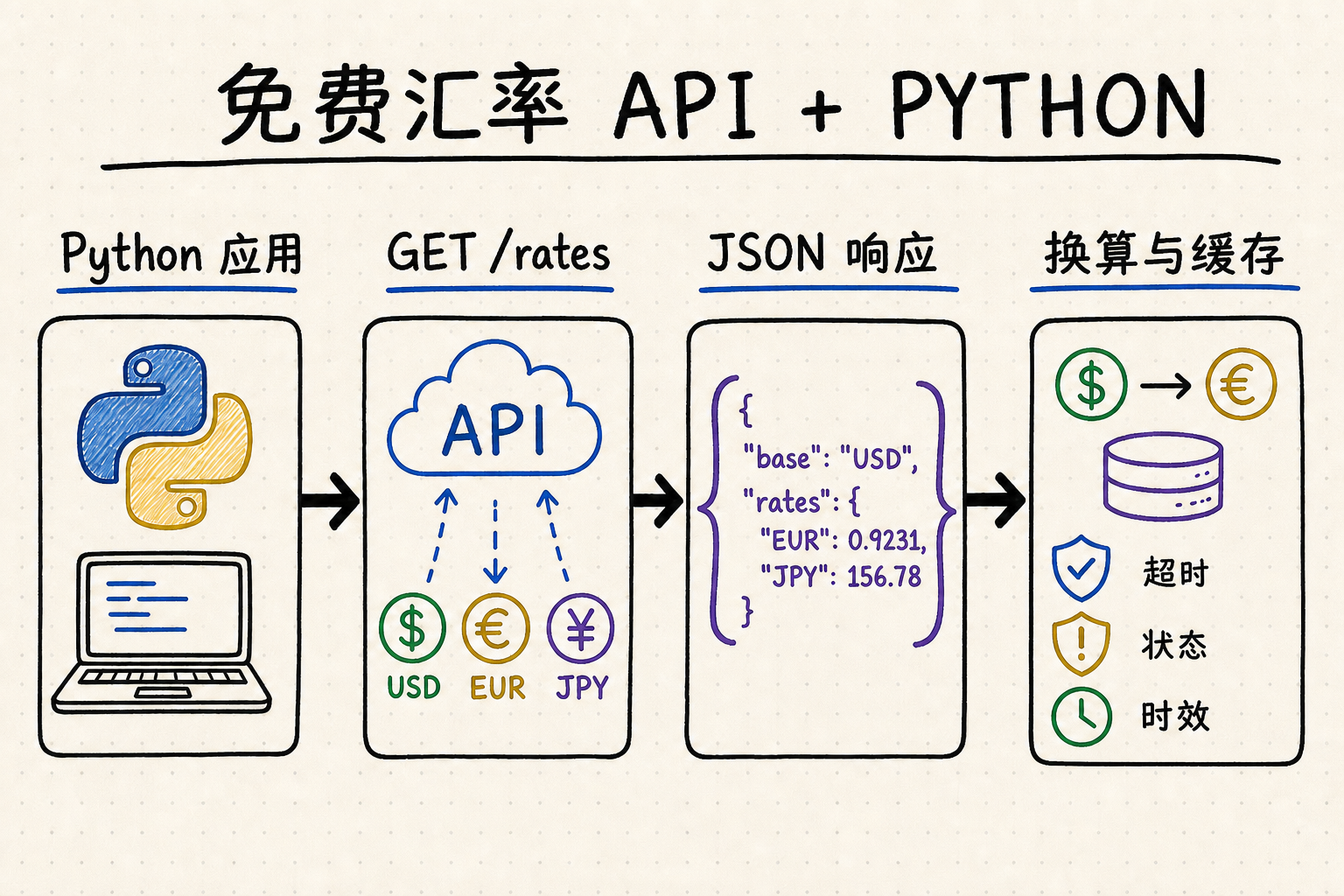 白板流程图：Python 应用请求免费汇率 API、解析 JSON、换算货币并缓存结果