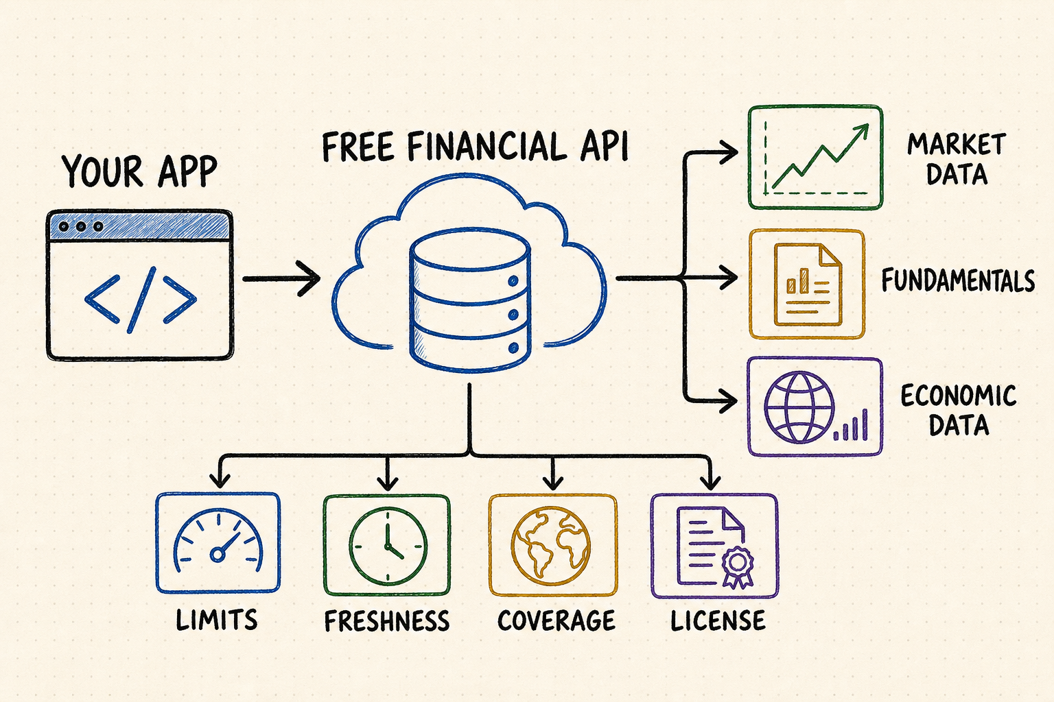 Whiteboard workflow showing an app requesting market data, company fundamentals, and economic indicators from a free financial API while checking limits, freshness, coverage, and licensing