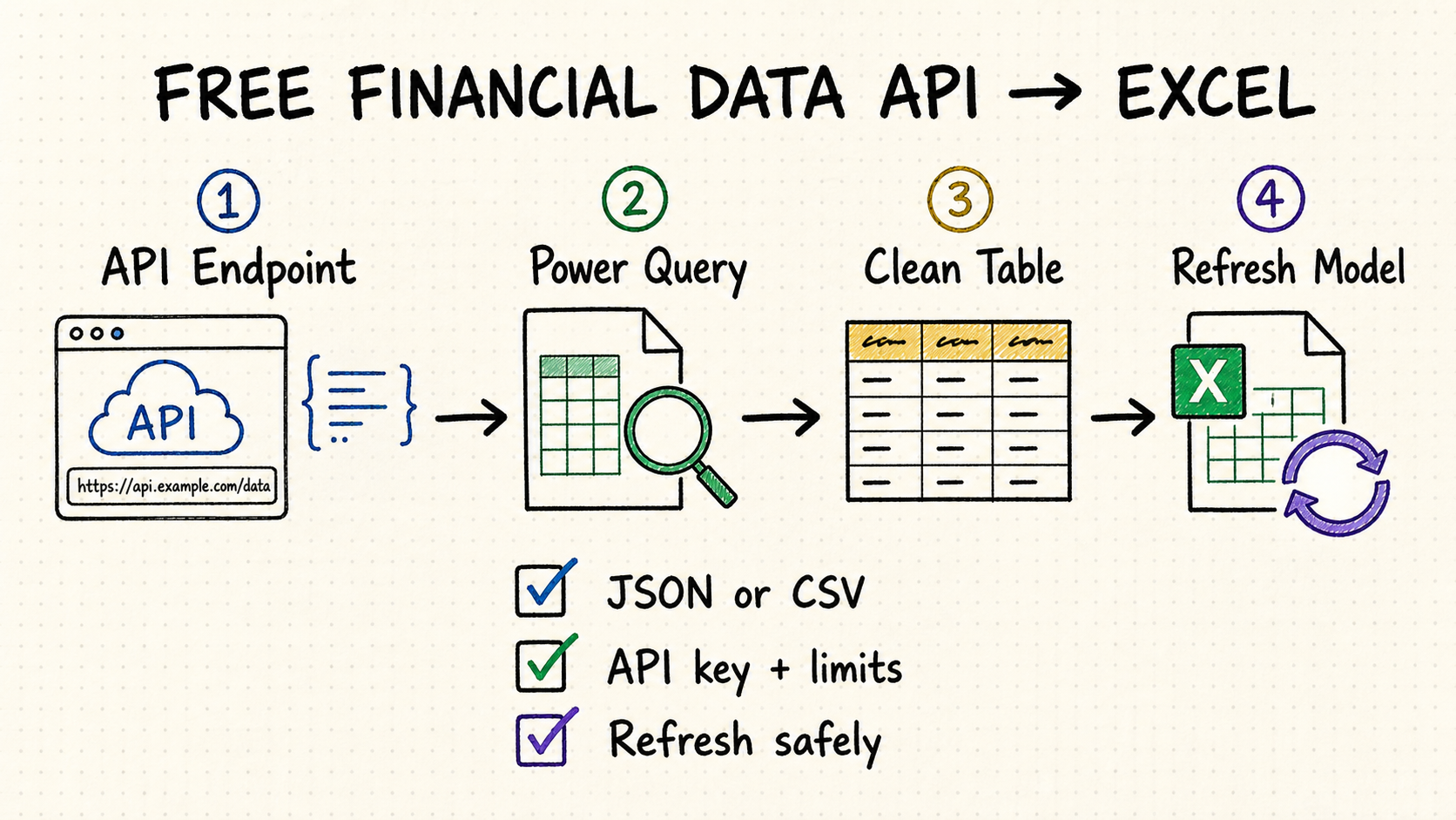 Hand-drawn workflow from a free financial data API endpoint through Power Query to a clean, refreshable Excel model