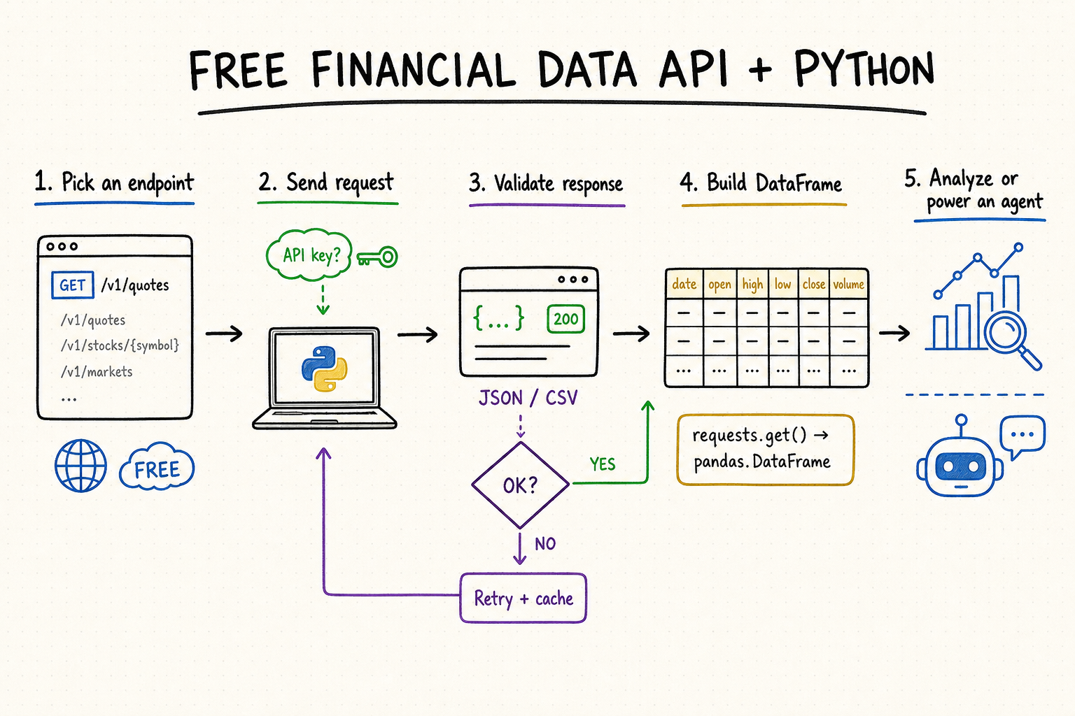 Hand-drawn workflow showing Python requesting a free financial data API, validating the response, building a pandas DataFrame, and analyzing the result