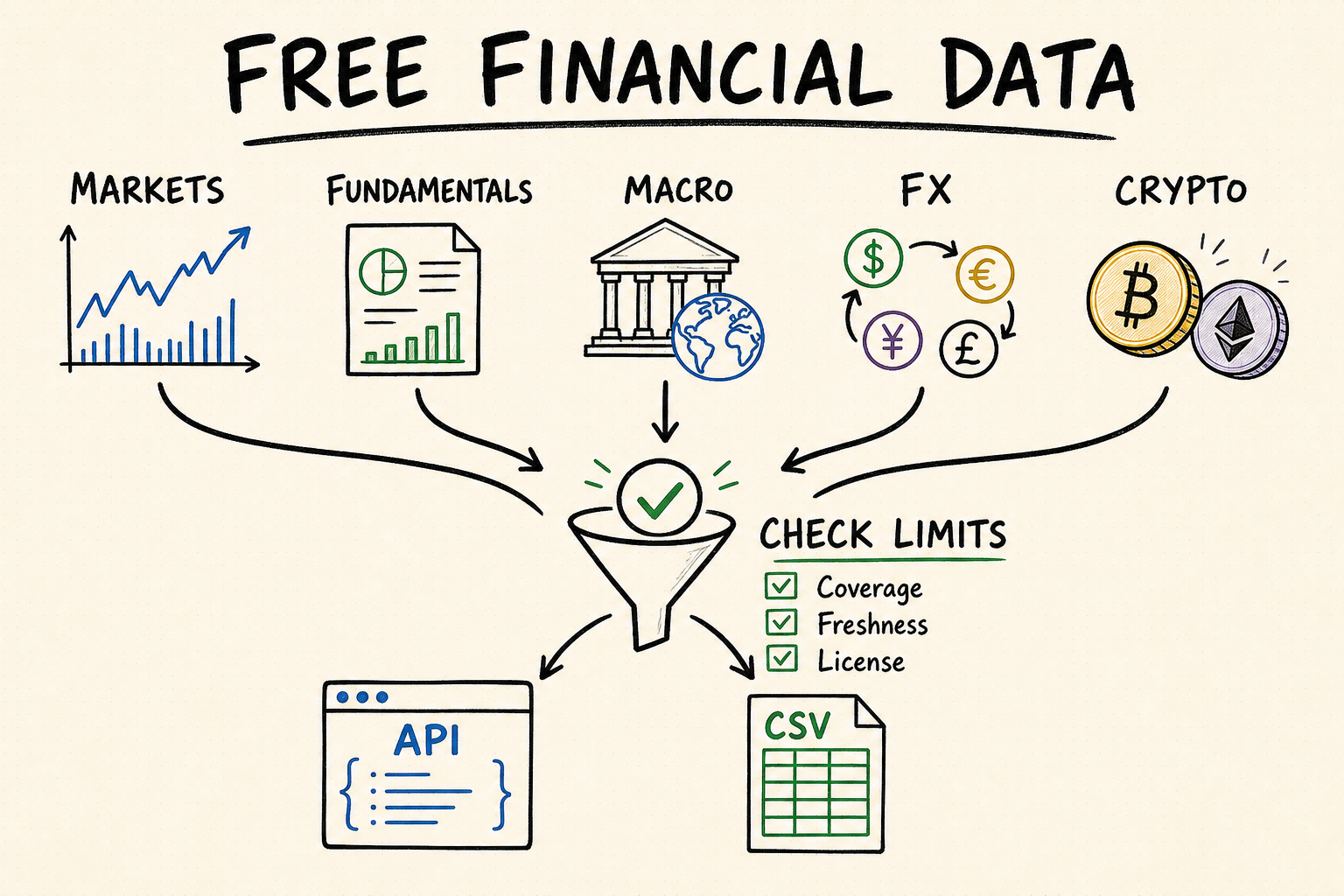Whiteboard map of free market, fundamental, macro, forex, and crypto data flowing through coverage, freshness, and license checks into API or CSV output