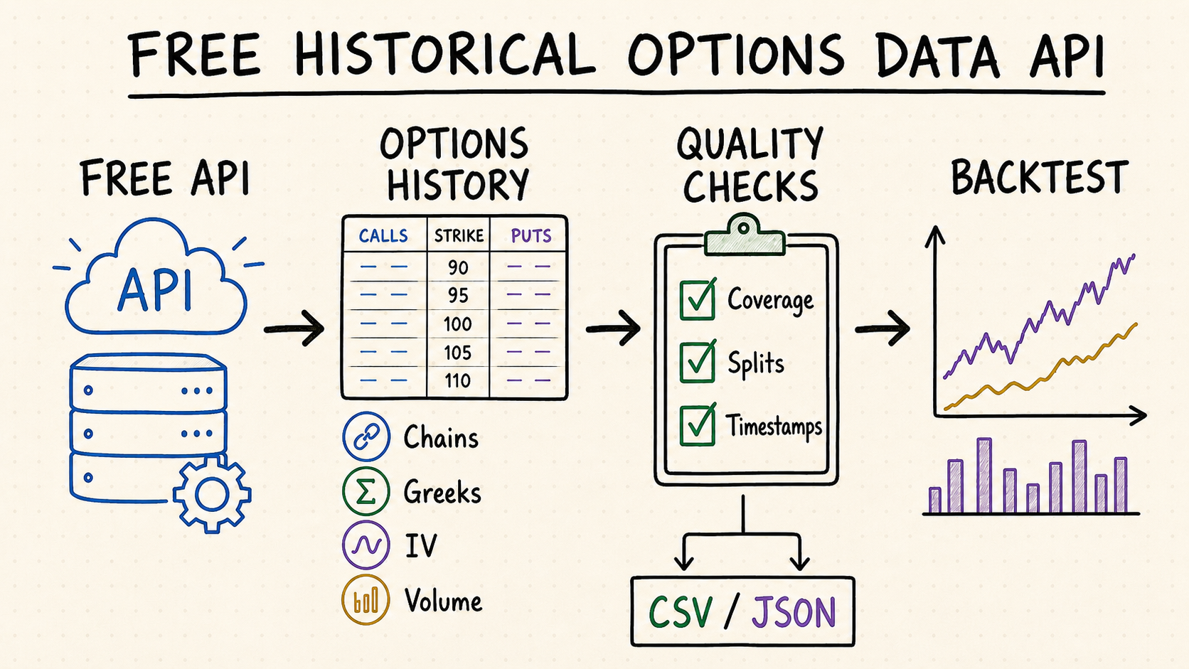 Hand-drawn workflow from archived options chains through API retrieval and validation to research and backtesting