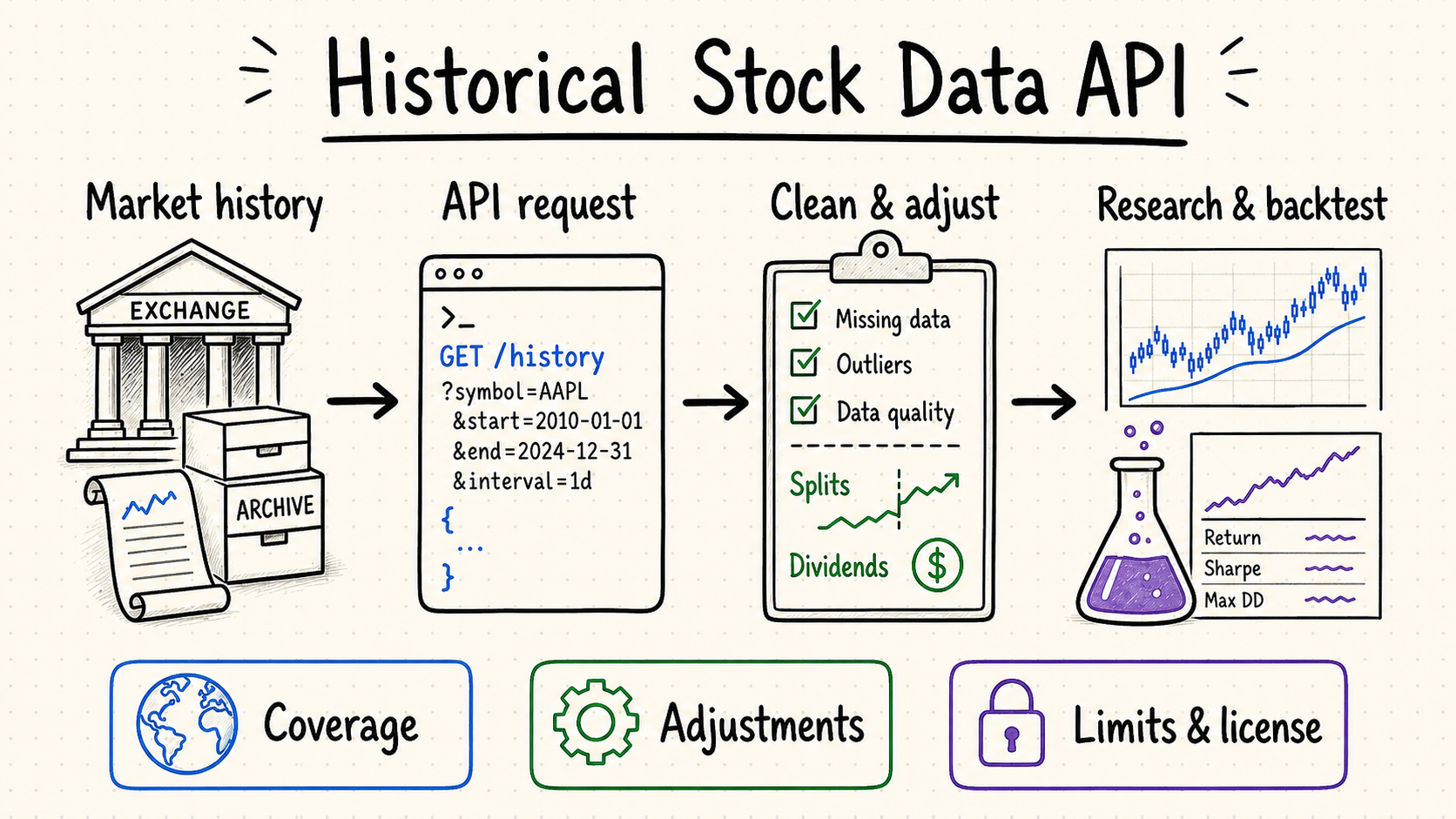 Hand-drawn workflow from archived stock prices through API retrieval and validation to research and backtesting