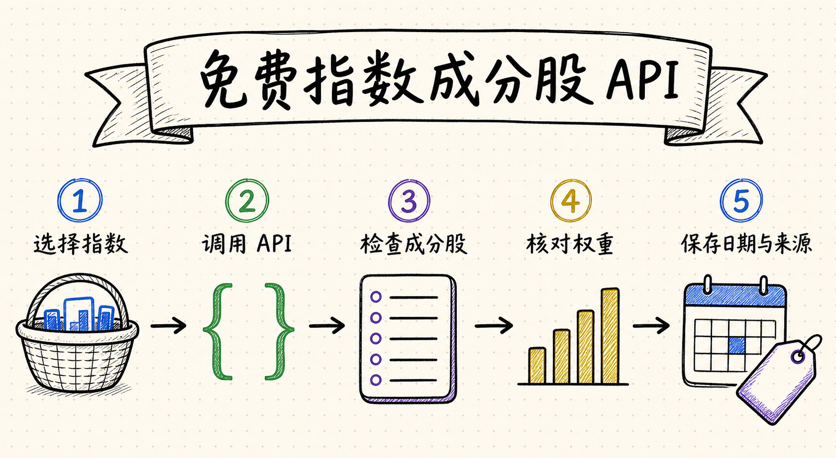 免费指数成分股 API 白板流程图：选择指数、调用 API、检查成分股、核对权重并保存日期与来源