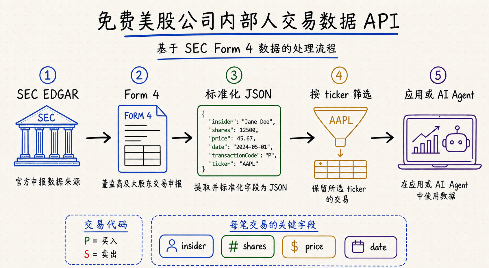 免费美股公司内部人交易数据 API 数据流程：从 SEC EDGAR 获取 Form 4，将董事、高管及持股 10% 以上股东的交易标准化为 JSON，按 ticker 筛选并供应用或 AI Agent 使用