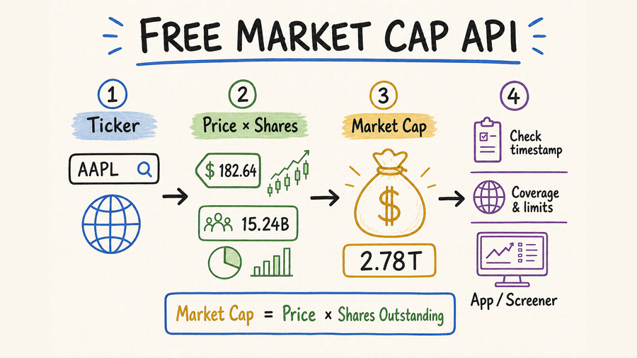 Hand-drawn free market cap API workflow showing ticker, price, shares, market cap, validation, and application output