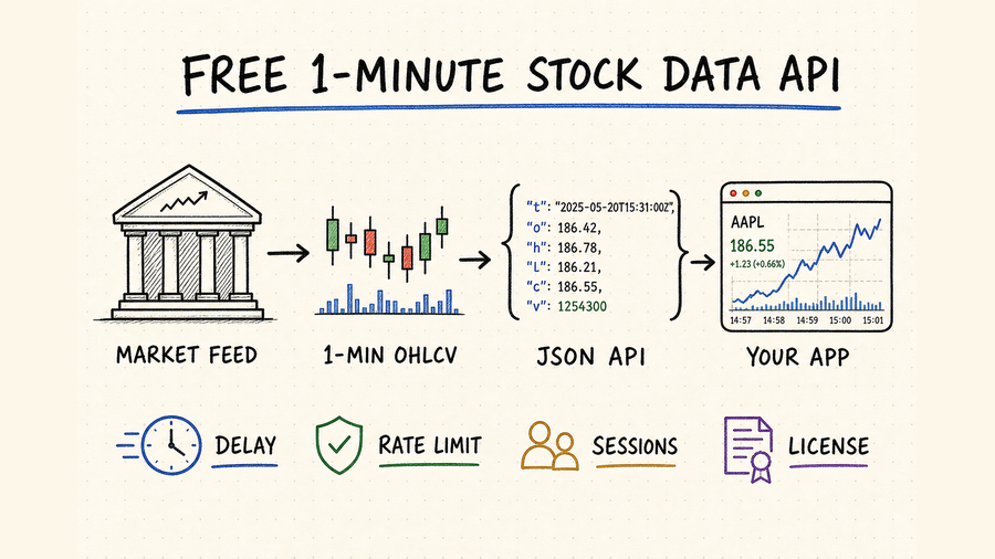 Hand-drawn workflow from a market feed through 1-minute OHLCV bars and a JSON API to an application, with delay, rate-limit, session, and license checks