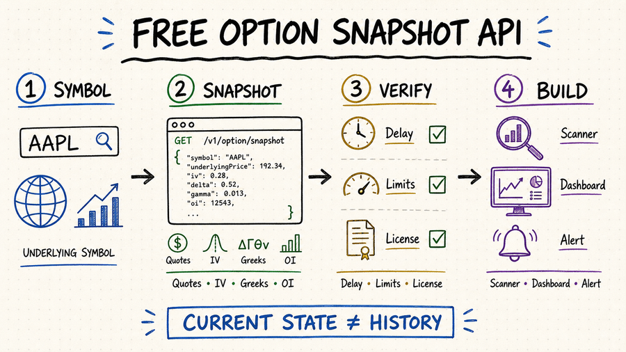 Hand-drawn free option snapshot API workflow from symbol and snapshot response to validation and application