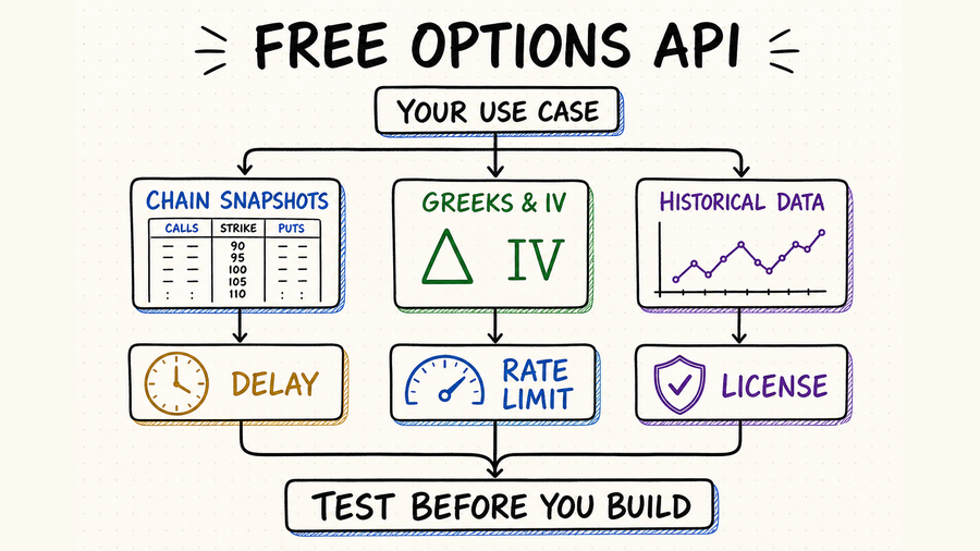 Whiteboard decision flow for choosing a free options API by chain data, Greeks, history, delay, rate limit, and license