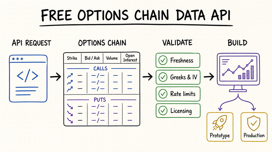 Hand-drawn free options chain data API workflow covering calls, puts, Greeks, implied volatility, freshness, and rate limits