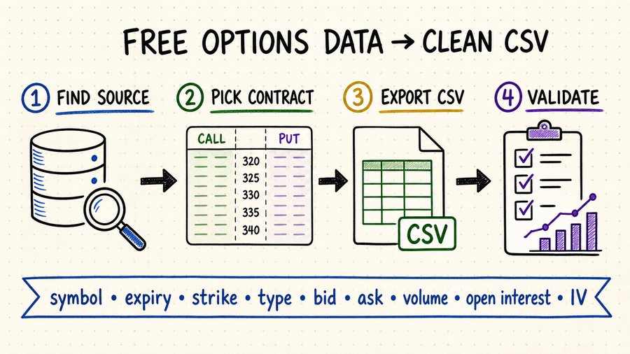 Hand-drawn workflow for finding free options data, choosing contracts, exporting a clean CSV, and validating the file