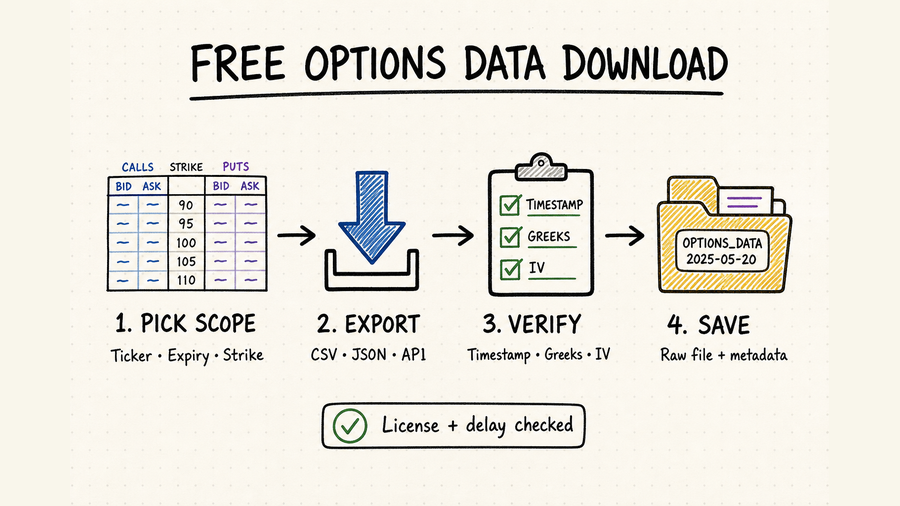 Four-step whiteboard workflow for choosing an options data scope, exporting CSV or JSON, verifying timestamps and Greeks, and saving raw files with metadata
