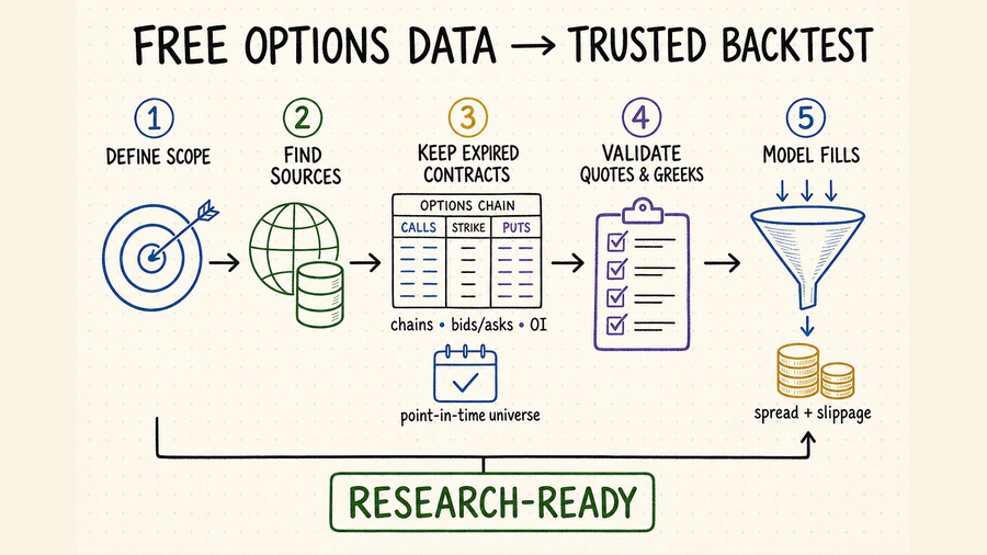 Whiteboard workflow for choosing free options data, retaining expired contracts, validating quotes and Greeks, and modeling fills