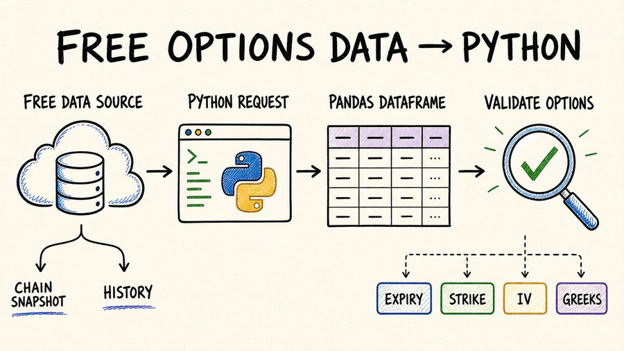 Whiteboard workflow from a free options data source through Python and pandas to validated expiries, strikes, implied volatility, and Greeks