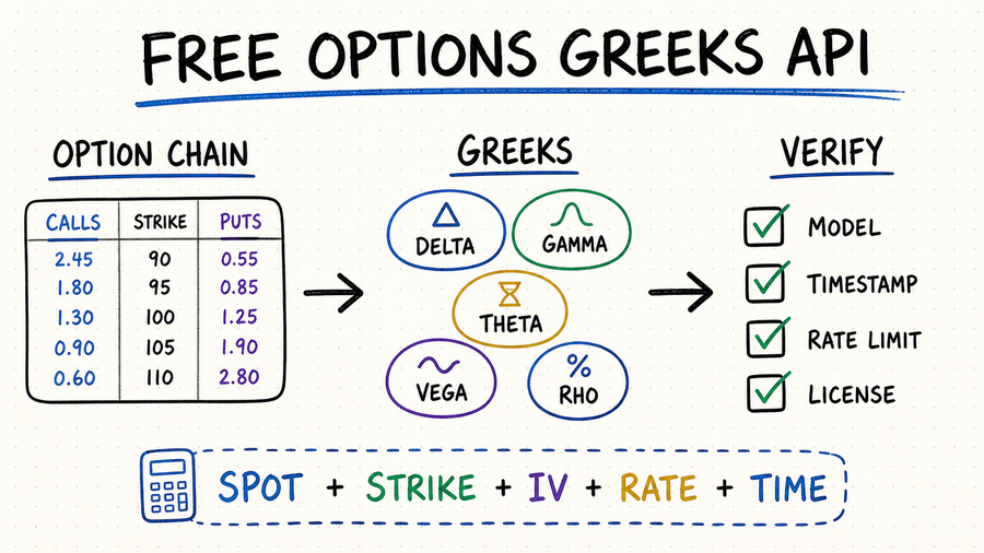 Whiteboard workflow for evaluating a free options Greeks API by Greek coverage, model, timestamp, rate limit, and license