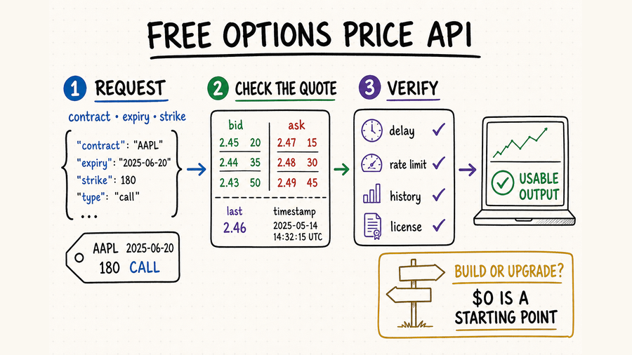 Whiteboard workflow for testing a free options price API by quote fields, timestamp, delay, rate limit, history, and license