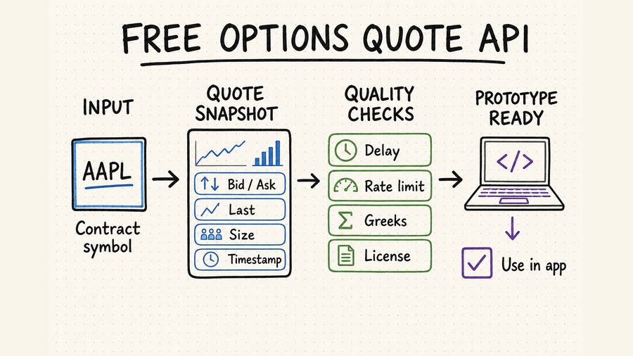 Hand-drawn workflow for testing a free options quote API by quote fields, delay, rate limit, Greeks, and license