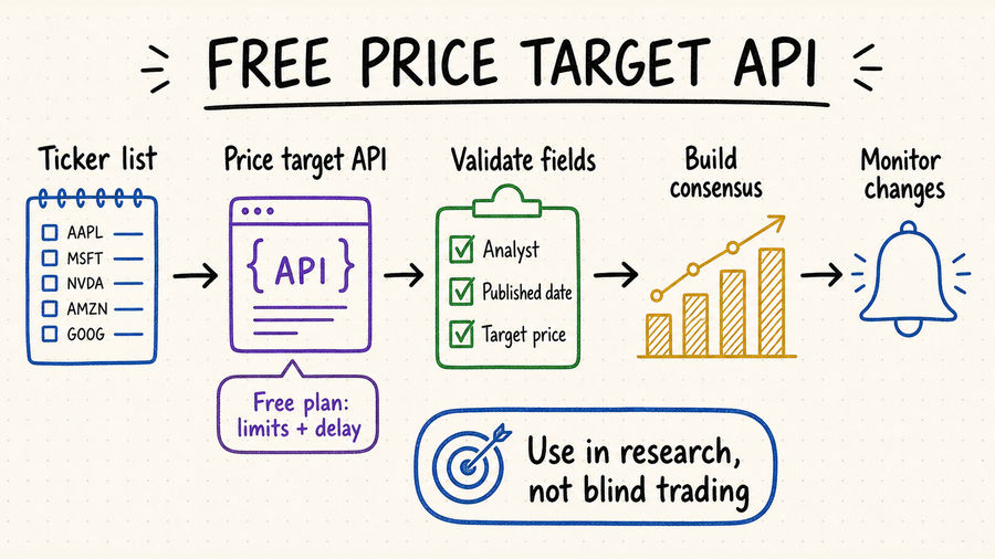 Hand-drawn workflow for validating analyst records, calculating consensus price targets, and monitoring revisions from a free API