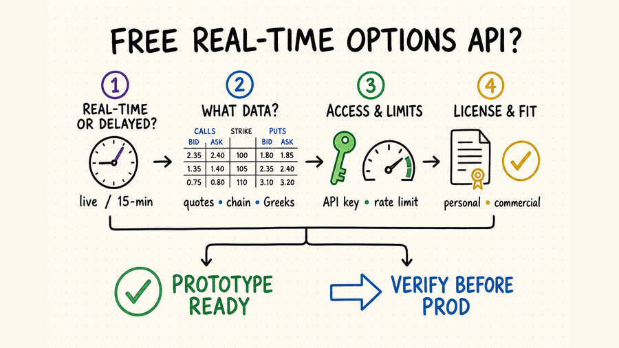 Hand-drawn decision map for checking real-time options API freshness, data fields, limits, and licensing