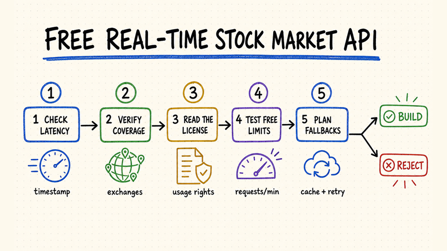Hand-drawn workflow for evaluating a free real-time stock market API by delay, coverage, licensing, free limits, and fallback planning