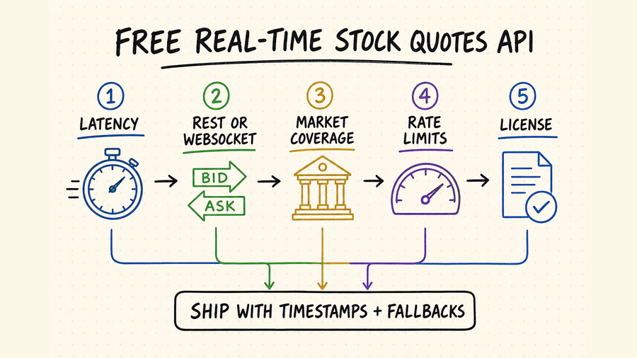 Hand-drawn decision flow for choosing a free real-time stock quotes API by latency, delivery method, coverage, limits, and licensing