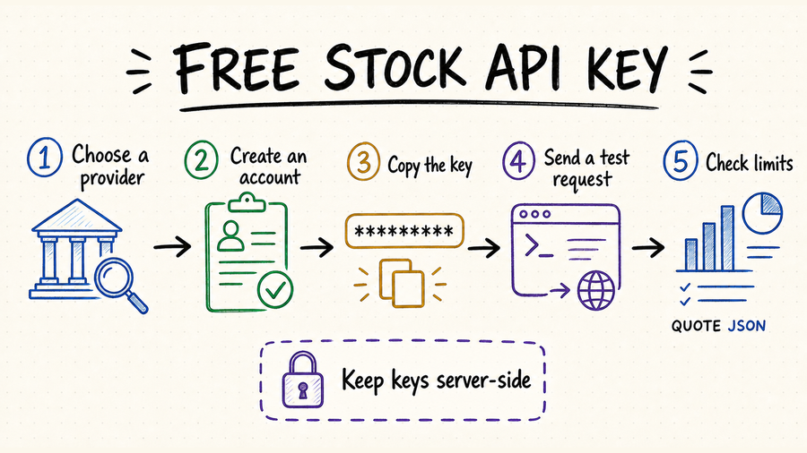 Hand-drawn workflow for choosing a provider, creating a free stock API key, testing a quote request, and checking limits