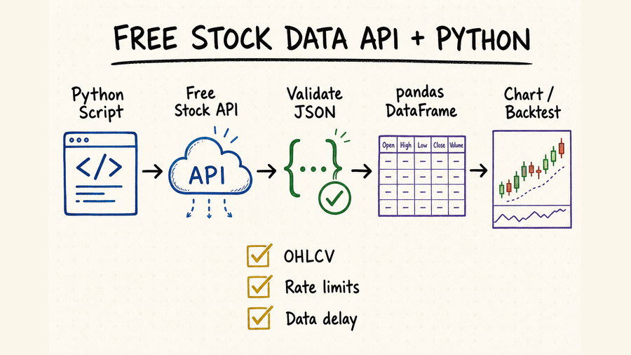 Hand-drawn workflow showing Python fetching free stock data, validating JSON, building a pandas DataFrame, and charting or backtesting OHLCV