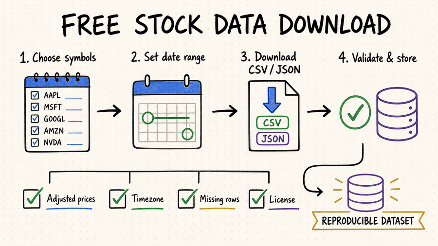 Four-step whiteboard workflow for finding stock market data, checking its license, downloading CSV or JSON files, and validating the results before analysis