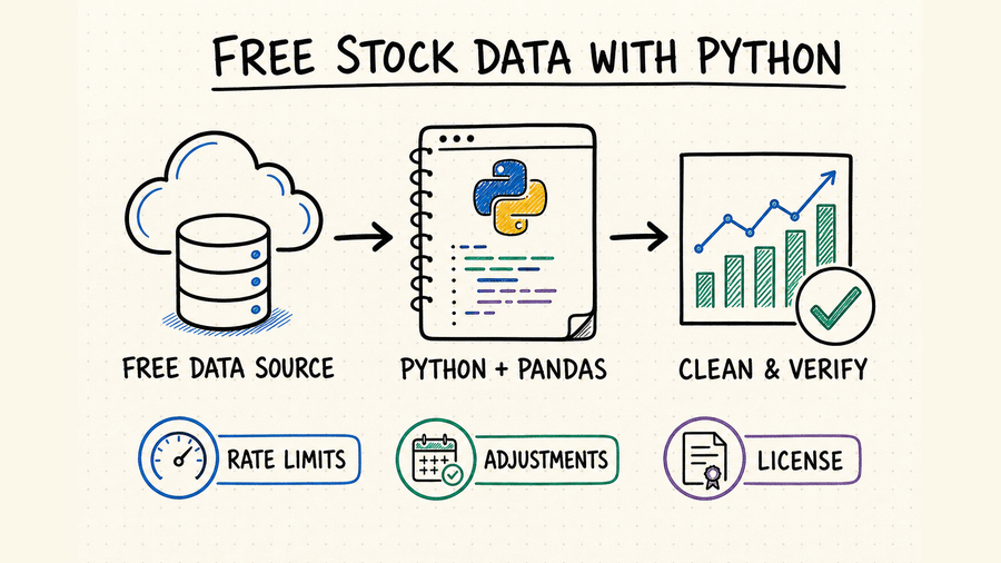 Whiteboard workflow from a free stock data source through Python and pandas to cleaned and verified market data
