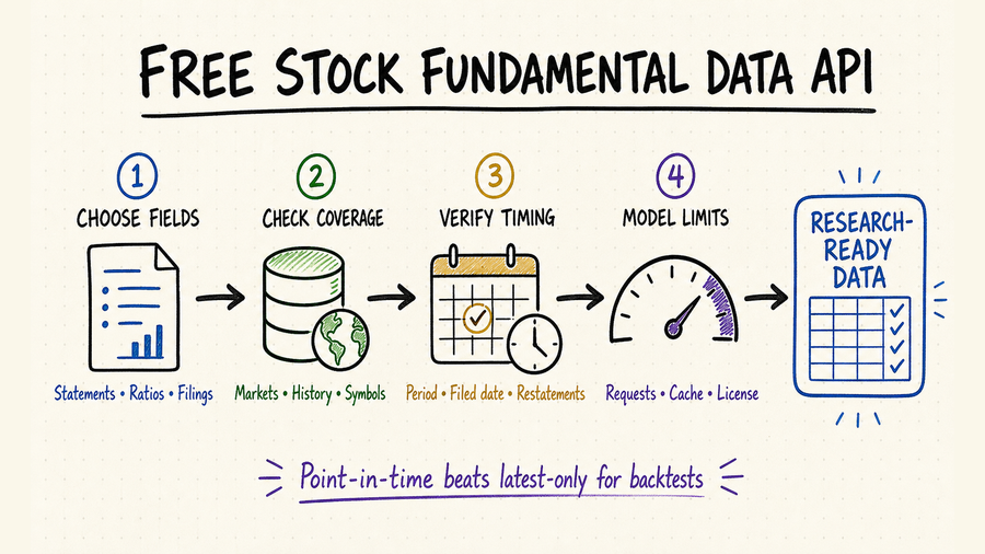 Hand-drawn workflow for evaluating free stock fundamental data APIs by fields, coverage, timing, limits, and point-in-time history