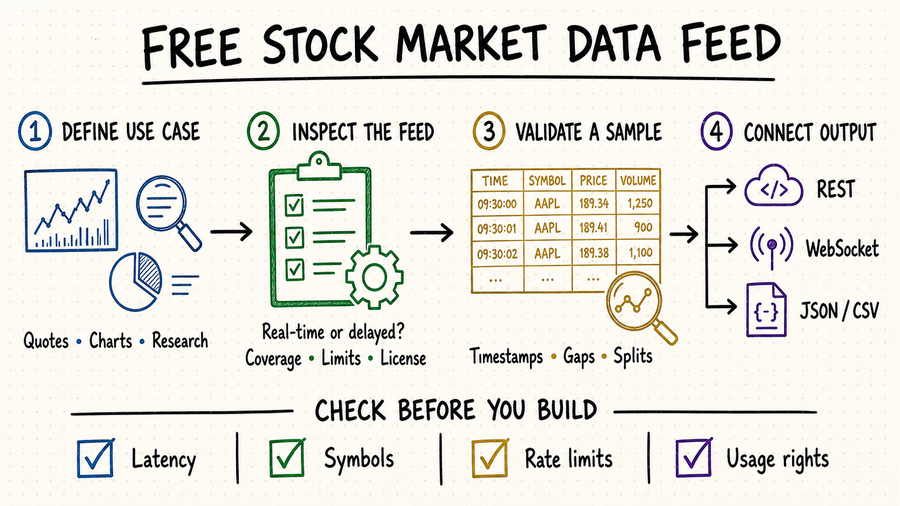 Whiteboard workflow for defining a use case, inspecting a free stock market data feed, validating samples, and connecting REST, WebSocket, JSON, or CSV output