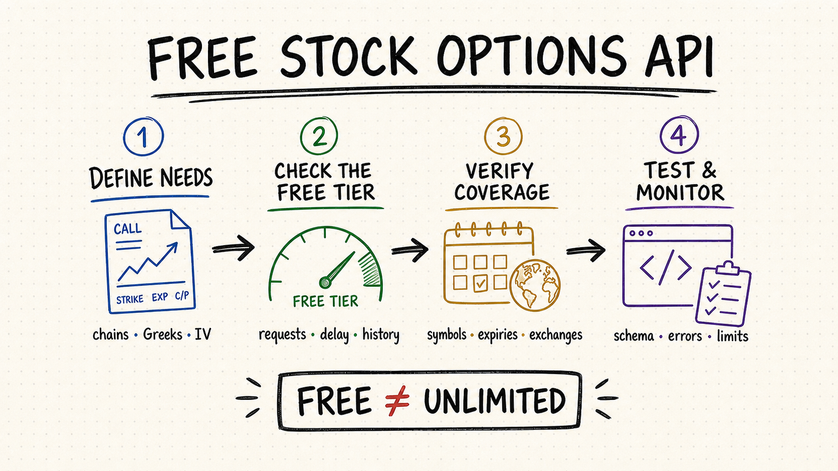 Hand-drawn workflow for evaluating a free stock options API by needs, free-tier limits, coverage, and testing