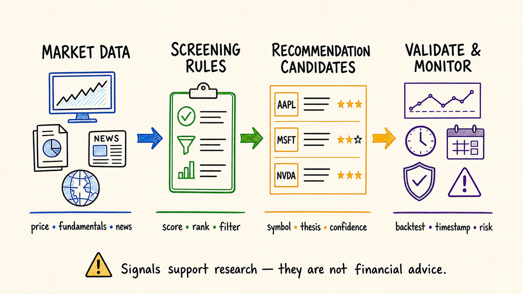 Hand-drawn workflow showing market data, screening rules, recommendation candidates, and validation checks