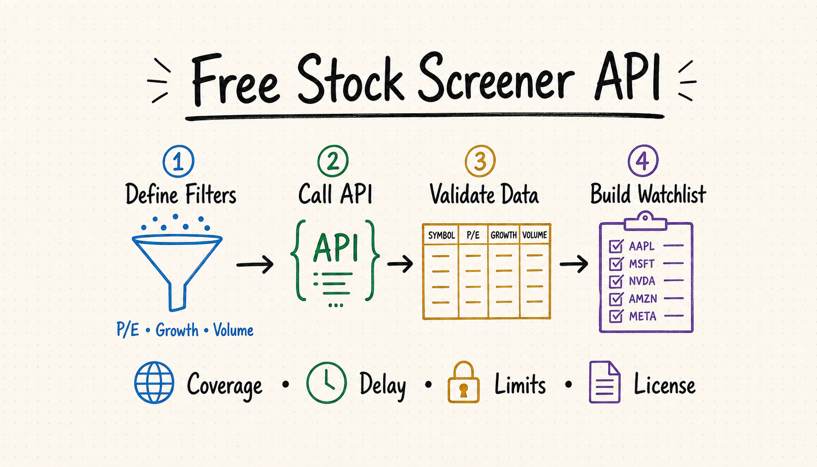 Free stock screener API workflow showing filters, an API call, validation, and a watchlist