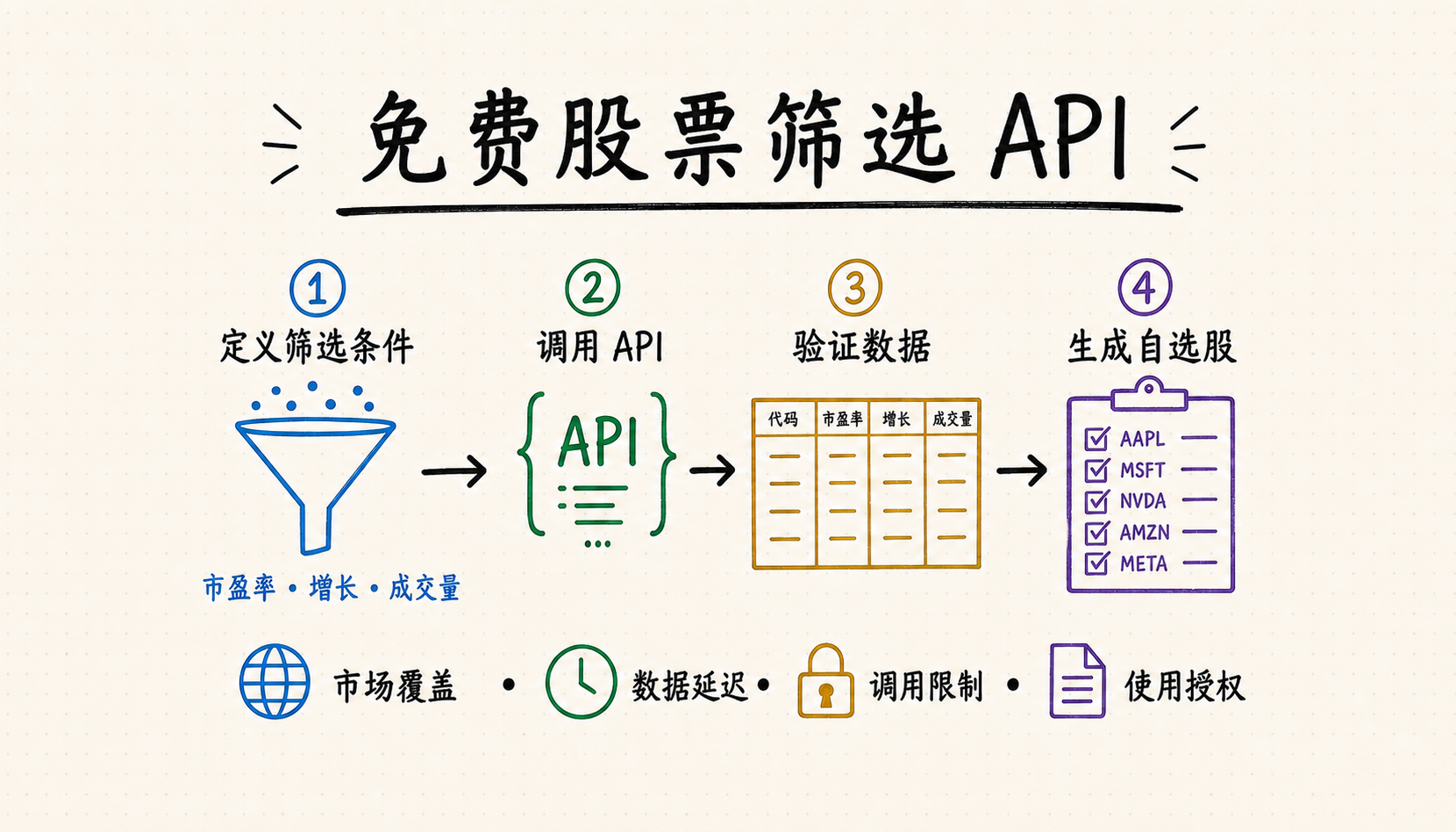 免费股票筛选 API 工作流,展示筛选条件、API 调用、数据校验和观察列表