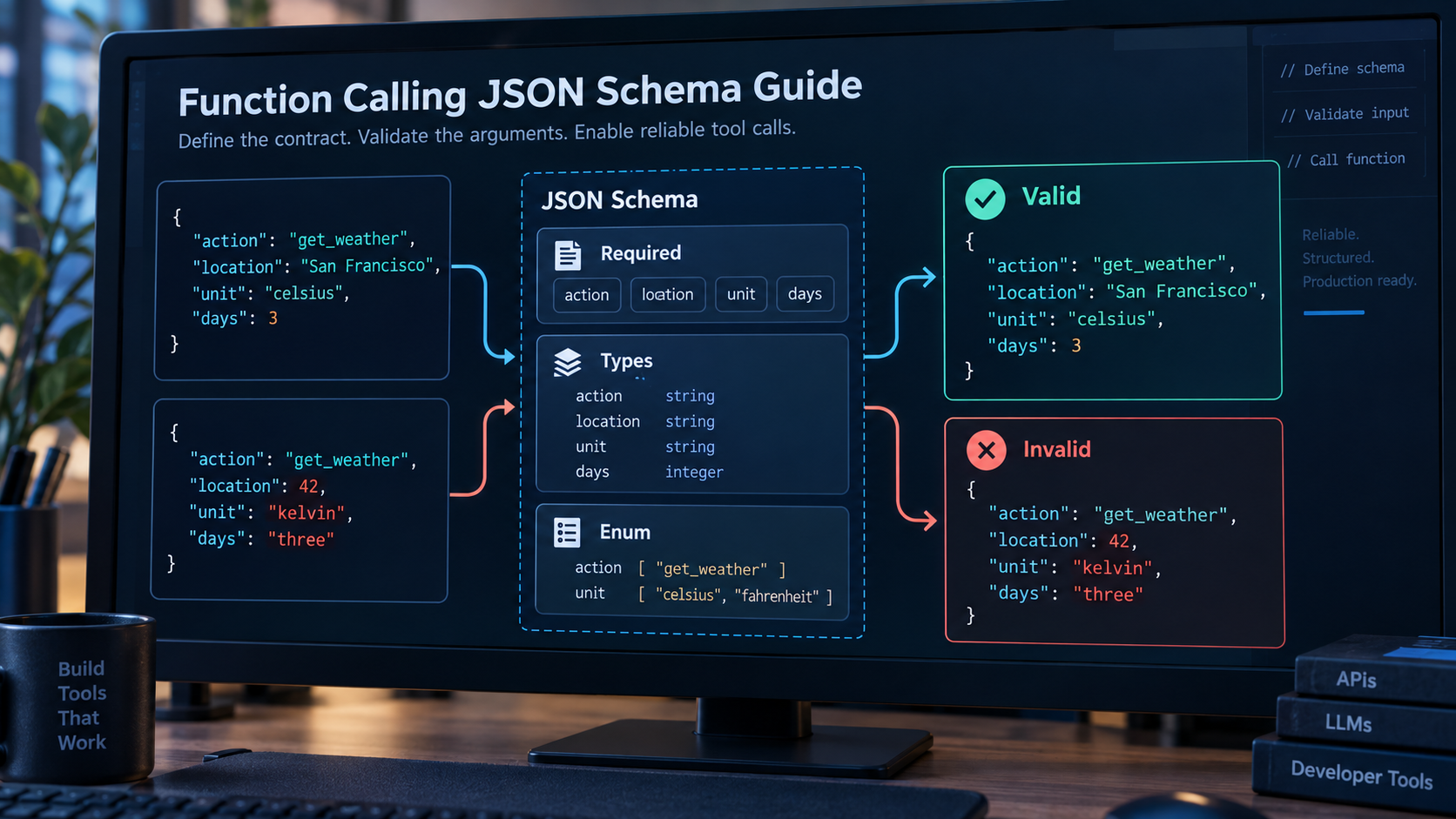 Illustrated monitor comparing valid and invalid weather-tool arguments against JSON Schema required fields, types and enums.