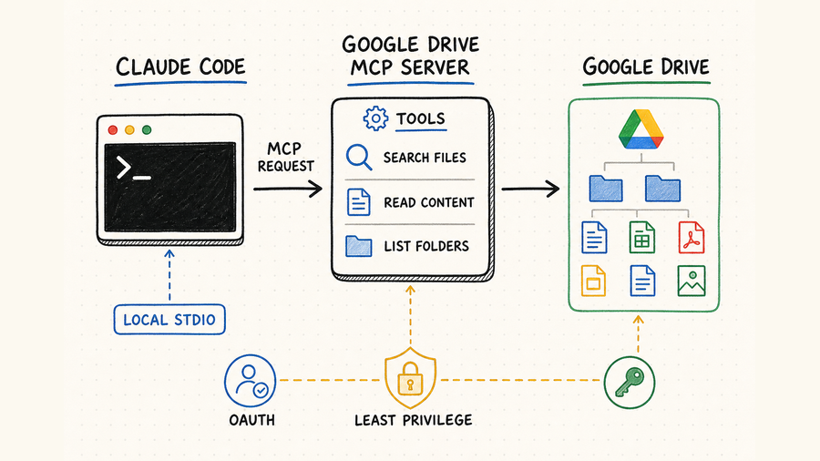 Hand-drawn workflow connecting Claude Code through a Google Drive MCP server to files with OAuth and least-privilege access