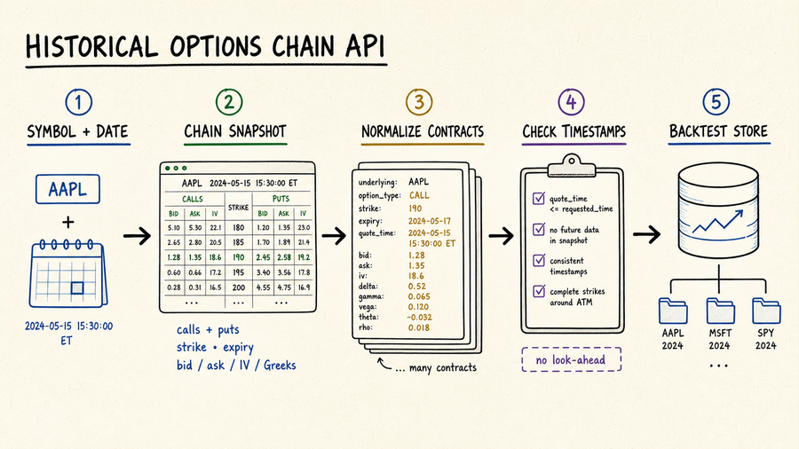 Hand-drawn workflow from a symbol and date through an options chain snapshot, normalization, timestamp checks, and backtest storage