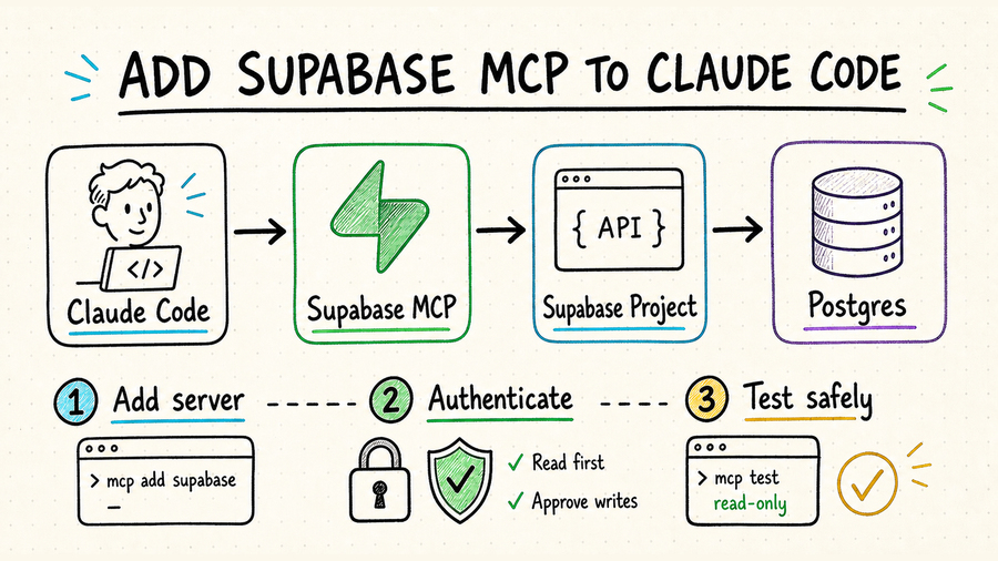 Hand-drawn workflow showing Claude Code connecting through Supabase MCP to a Supabase project and Postgres database