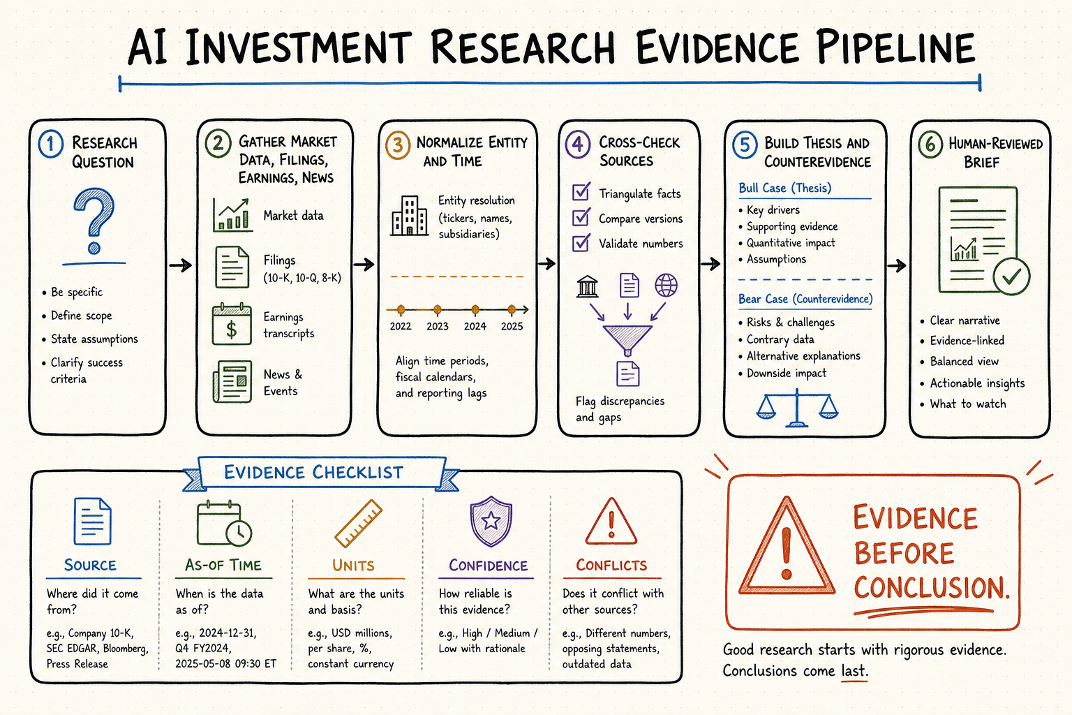 AI investment research evidence pipeline