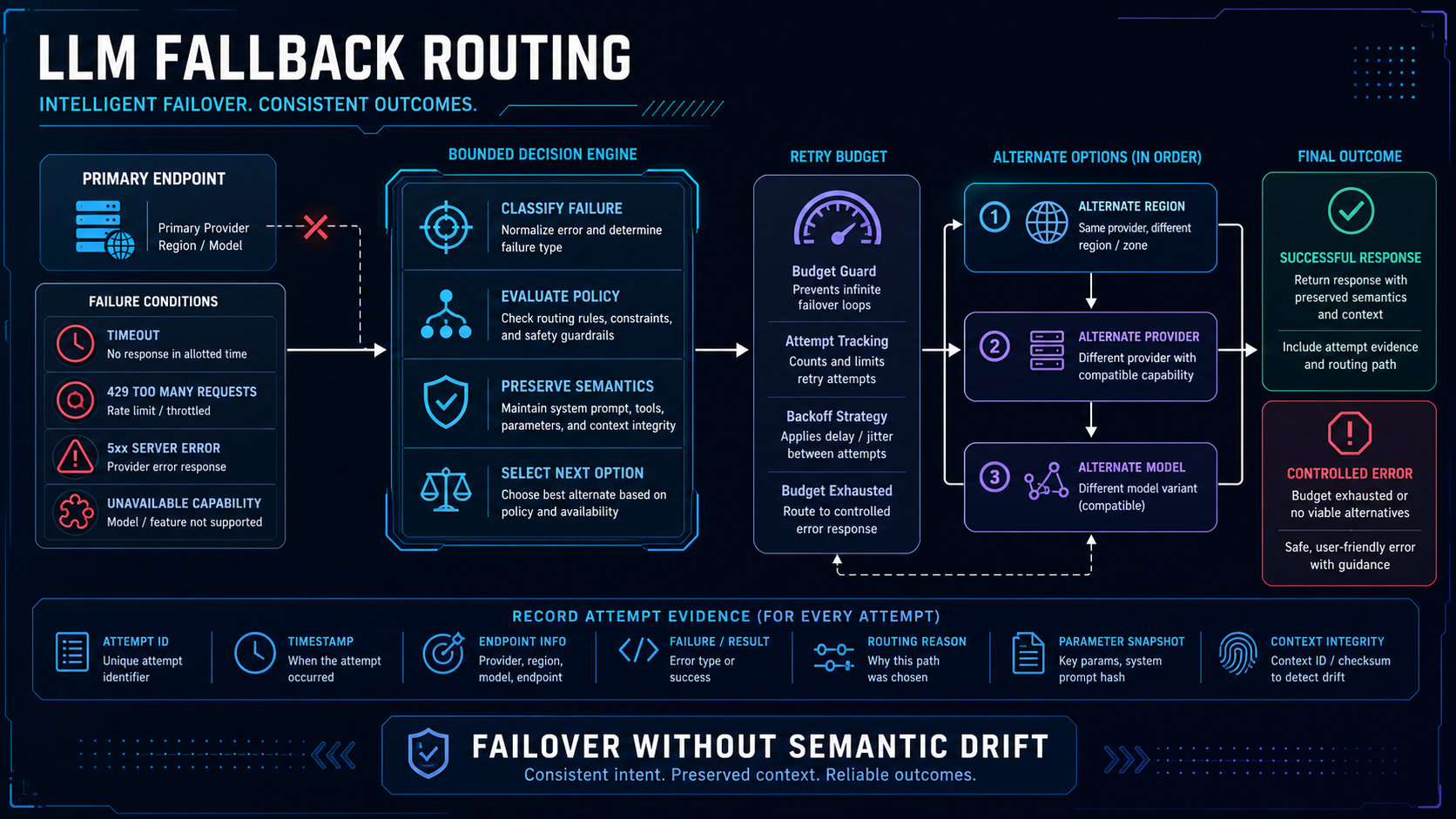 LLM fallback routing with bounded retries, alternate endpoints, and attempt evidence
