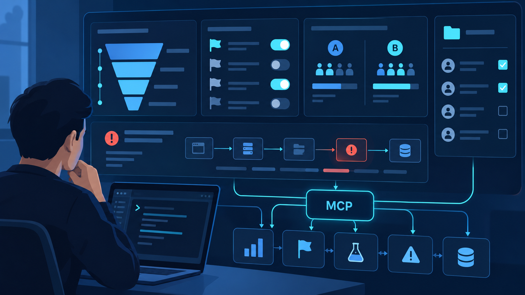 Analytics illustration with a funnel, feature toggles, A/B groups and an MCP connection.