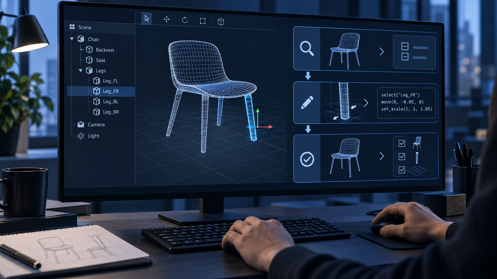 Concept illustration of a wireframe chair beside object-search, editing, and validation panels.
