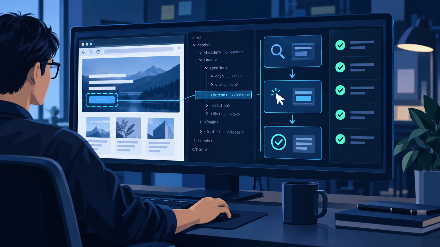 Illustrated browser page and code beside search, click and check icons.