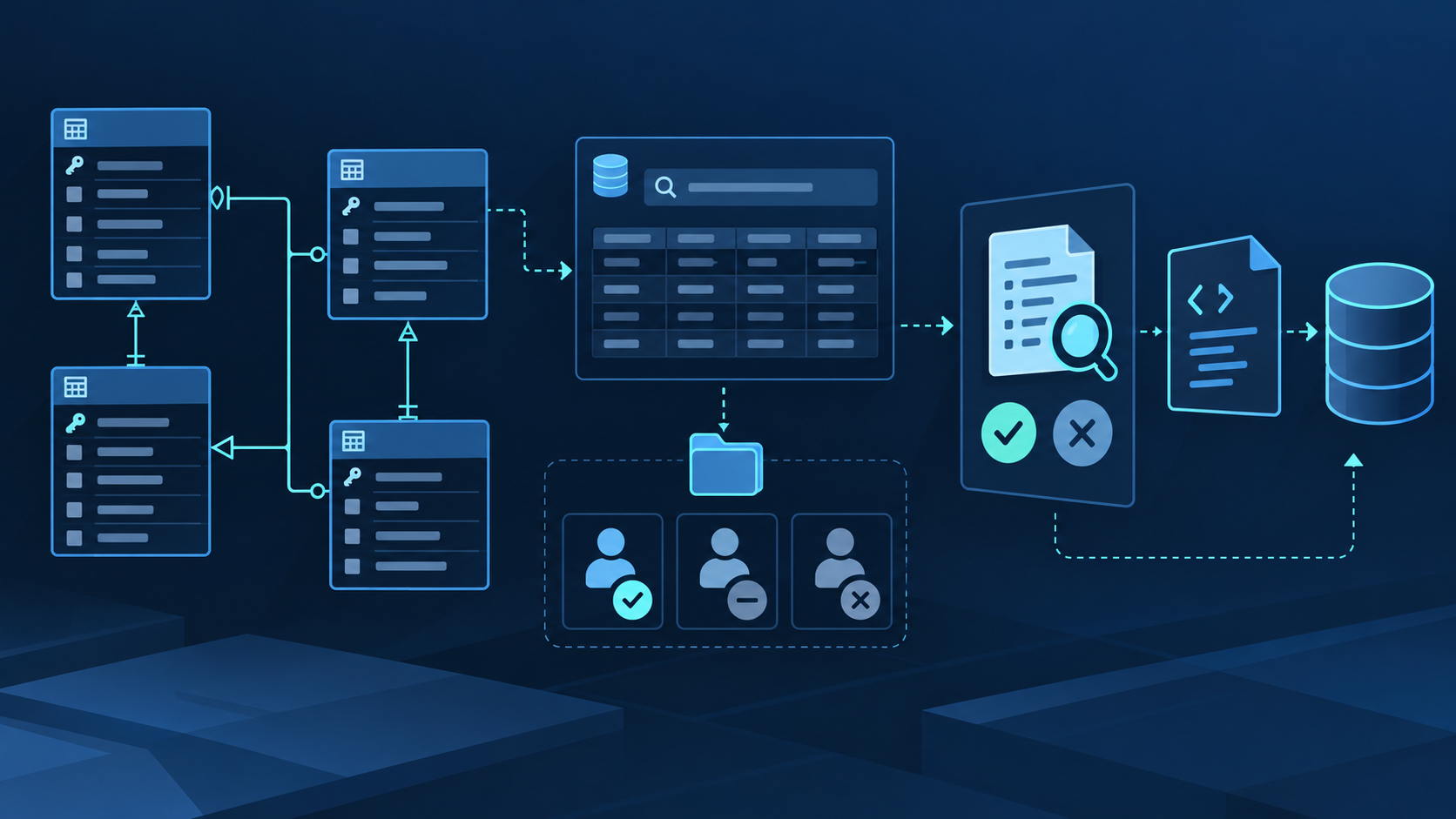 Schema tables and a data grid linked to review, code and database icons.