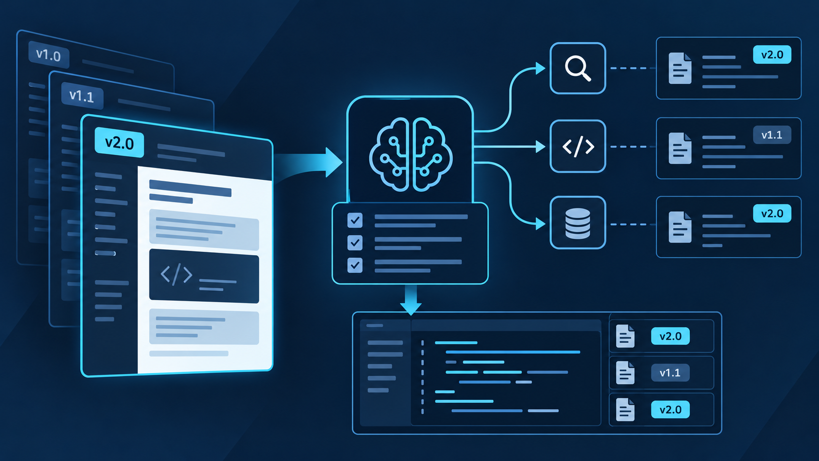 Versioned documentation cards connected to an assistant and search, code and database icons.