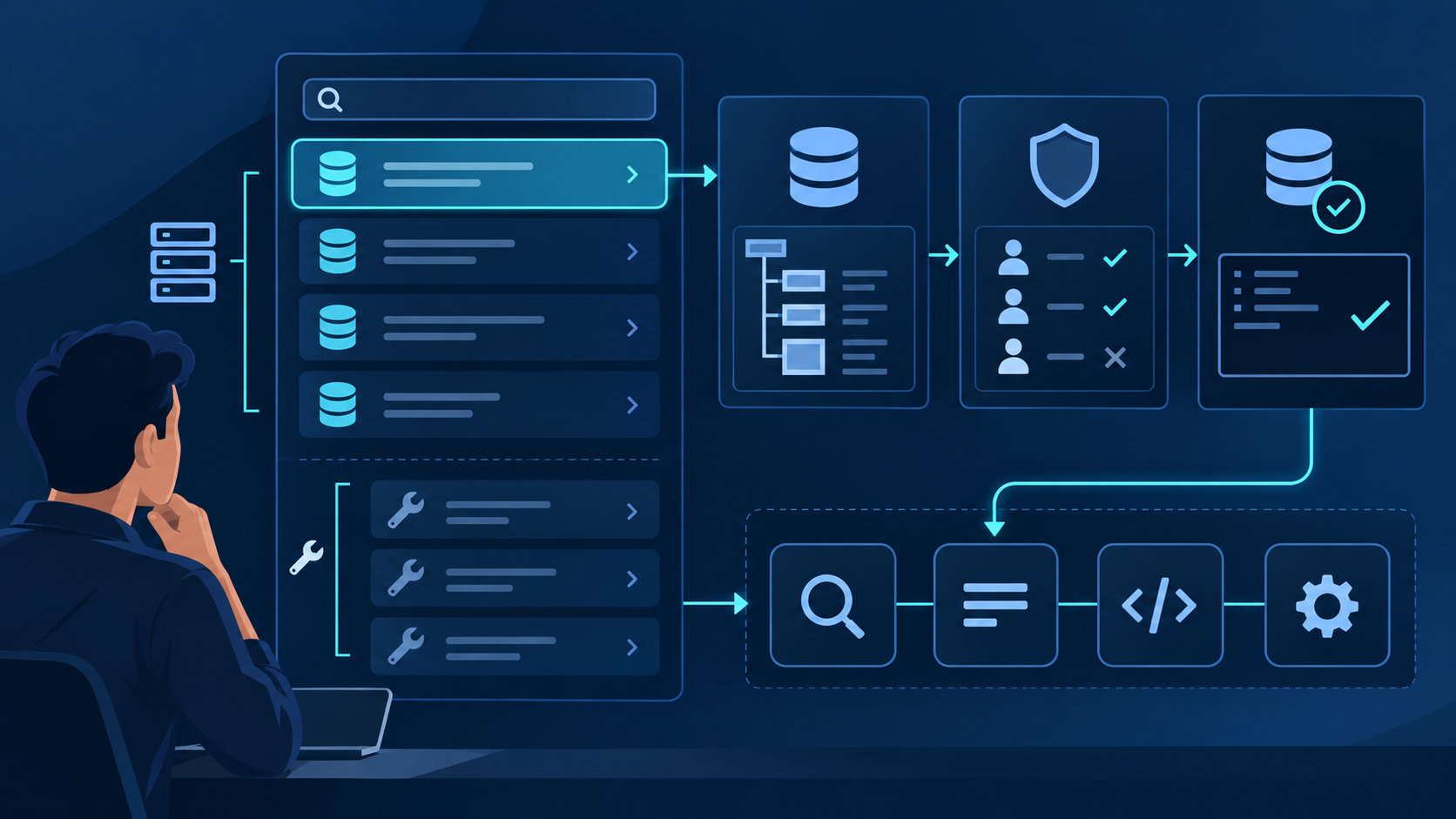 Server listings linked to data-structure, permission and validation panels, followed by search, text, code and settings icons.