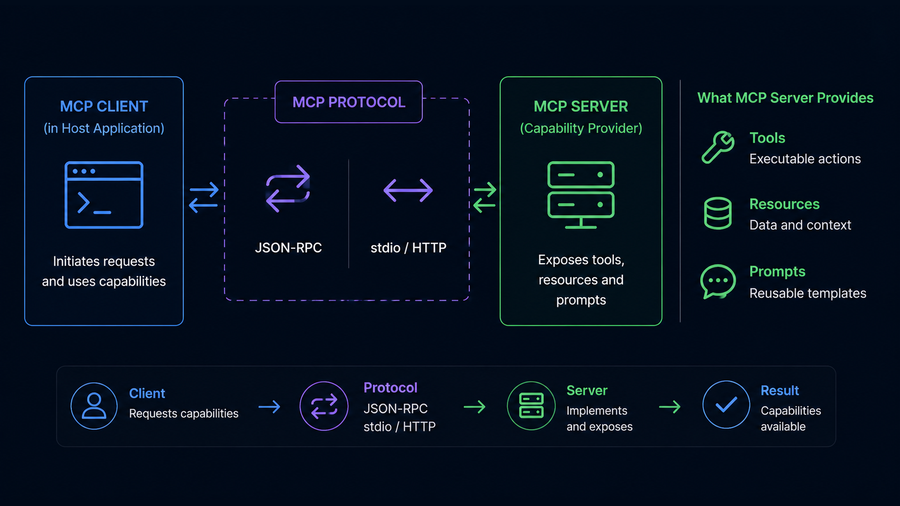 MCP Server vs Client Architecture diagram showing MCP host (AI application) containing Client A and Client B. Below is Transport layer (stdio/Streamable HTTP). Right side shows MCP Servers (Capability Providers) including GitHub MCP, Figma MCP, Linear MCP, Sentry MCP, Context7, and Notion MCP. Bidirectional arrows show JSON-RPC communication between clients and servers.