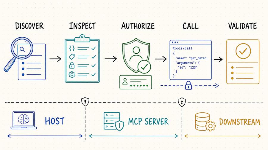 MCP server production workflow showing discover, inspect, authorize, call, and validate stages across host, server, and downstream trust boundaries.